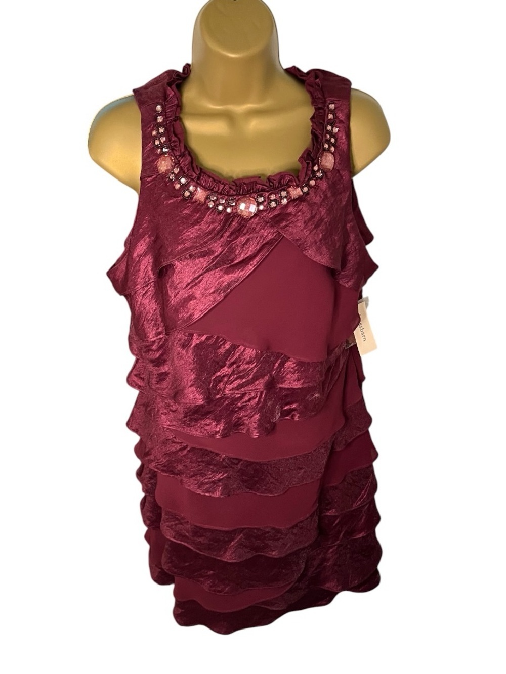 Y2K Collection Dressbarn Tiered Ruffle Shift Dress Beaded Sleeveless Burgundy 14